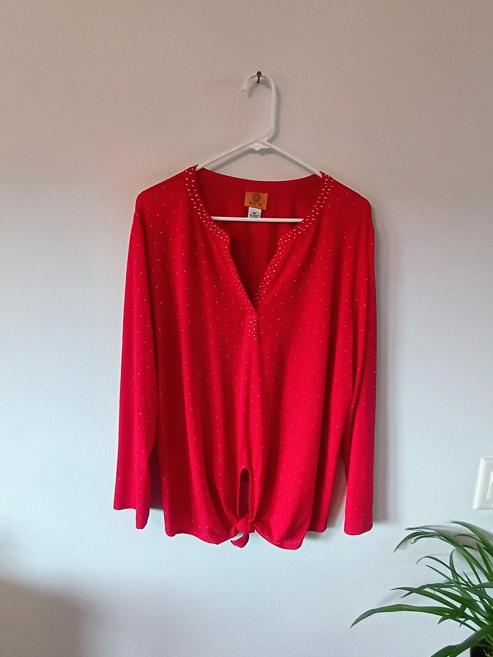 Ruby Rd Red Blouse XL Gold Stud Embellished Tie Front Stretch Holiday Party Top